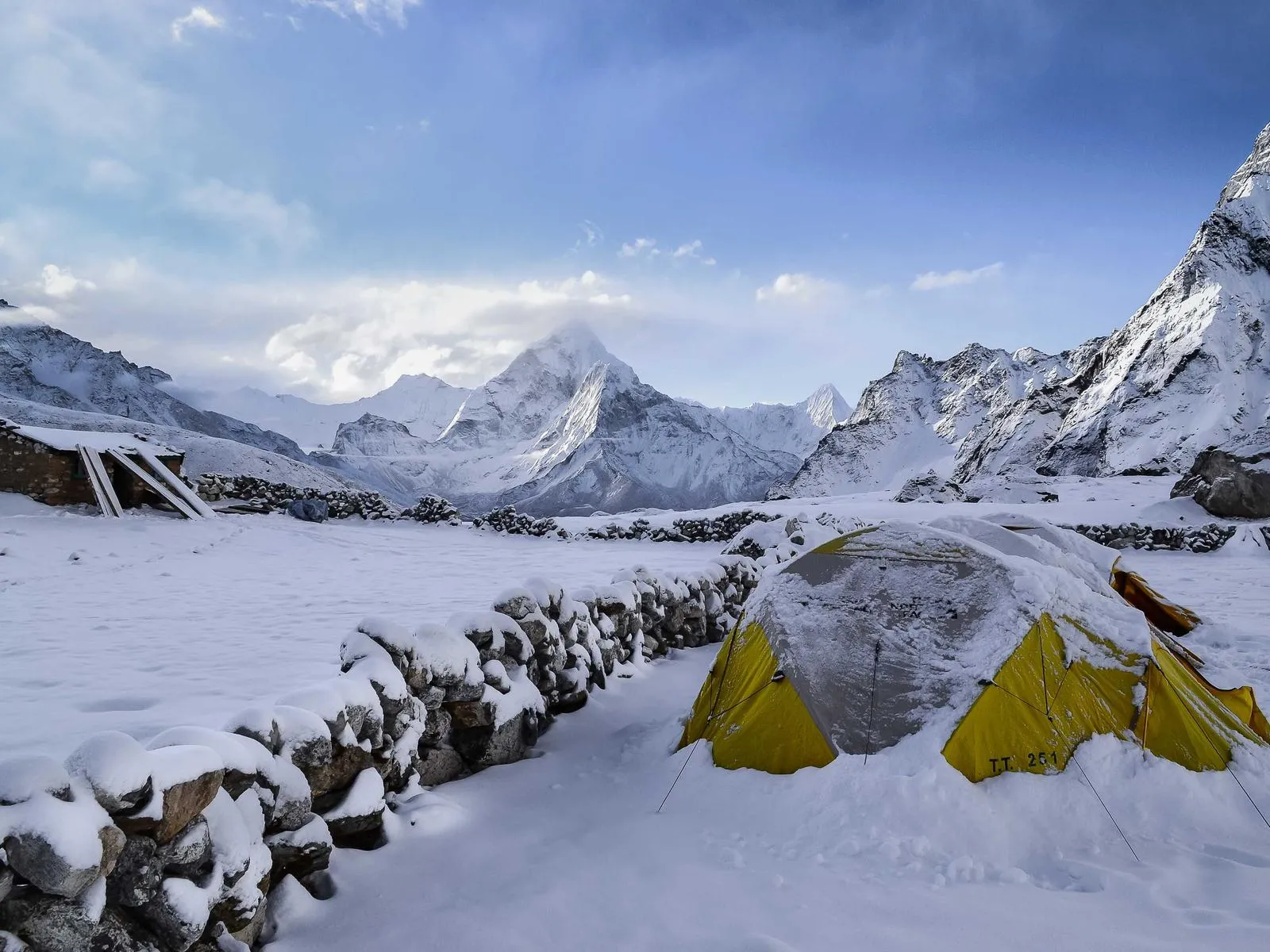 Snow-covered mountains at dusk